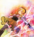 beret blonde_hair boots breasts closed_eyes corset drill_hair eyes_closed gun hair_ornament hat kinokojiru magical_girl magical_musket mahou_shoujo_madoka_magica outstretched_arms pleated_skirt puffy_sleeves skirt smile solo taut_shirt thigh-highs thighhighs tomoe_mami vertical-striped_legwear vertical_stripes weapon 