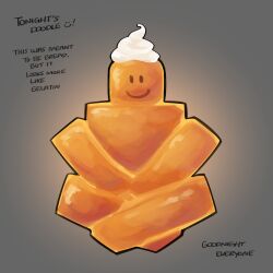  absurdres bread character-themed_food commentary crossed_legs english_text food food_focus grey_background hands_on_lap highres himochuu looking_at_viewer no_humans painterly roblox simple_background smiley_face symbol-only_commentary whipped_cream 