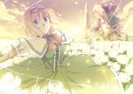  alice_margatroid blonde_hair bow capelet dress flower flower_field goliath_doll green_dress green_eyes hair_bow hairband highres lance long_hair outstretched_arms polearm puppet_strings short_hair sitting sky solo spider_lily sunset torisuke_(koinohito) touhou weapon 