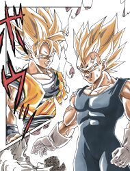 2boys absurdres aura blonde_hair blue_bodysuit blue_sash blue_shirt blue_wrist_cuffs bodysuit clenched_teeth dougi dragon_ball dragon_ball_z facial_mark forehead_mark highres majin_vegeta male_focus medium_hair multiple_boys muscular muscular_male open_mouth orange_pants orange_shirt pants parted_lips ruemr03190_0 sash shirt son_goku spiky_hair super_saiyan super_saiyan_1 teeth torn_clothes torn_shirt vegeta veins wrist_cuffs 