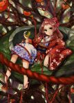  bad_id barefoot blurry brown_hair depth_of_field food fruit green_eyes hair_ribbon in_tree japanese_clothes kimono long_hair looking_at_viewer obi original persimmon pisuke ribbon rope sandals sash single_shoe sitting solo string tomato tree 