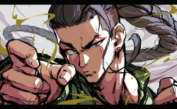  1boy absurdly_long_hair arms_up black_hair braid closed_mouth commentary commentary_request earrings eyeliner fingernails green_shirt grey_eyes jamie_siu jewelry letterboxed lips long_hair looking_at_viewer makeup male_focus piercing red_eyeliner shirt single_braid solo street_fighter street_fighter_6 stud_earrings tata22tano upper_body very_long_hair white_background 