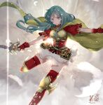  1girl armor artist_name blue_eyes blue_hair boots breastplate breasts cape dated eirika_(fire_emblem) fingerless_gloves fire_emblem fire_emblem:_the_sacred_stones fire_emblem_heroes gloves holding holding_sword holding_weapon jewelry kero_sweet looking_away red_gloves red_legwear short_sleeves signature skirt solo sword thigh-highs thigh_boots weapon white_skirt 