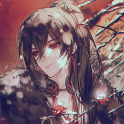 1boy ayn_alwyn black_collar black_hair black_robe branch chinese_clothes chinese_commentary closed_mouth collar dappled_sunlight earrings flower flower_earrings fur_trim hair_between_eyes hair_ribbon hanfu high_ponytail jewelry long_hair looking_to_the_side lovebrush_chronicles male_focus neck_tassel plum_blossoms ponytail portrait red_eyes red_flower red_ribbon ribbon robe sinko123 smile snow solo sunlight tassel tassel_earrings 