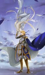  1boy 1girl armor armored_boots blonde_hair blue_cape blue_sky boots breastplate cape closed_mouth clouds expressionless faulds full_body gauntlets hand_on_another's_head leg_armor long_hair looking_at_another official_alternate_costume pauldrons ragnarok_online royal_guard_(ragnarok_online) short_hair shoulder_armor sky standing upside-down wane_(ruki) 