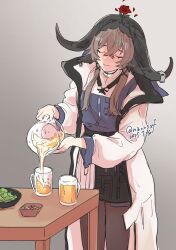  1girl alcohol animal_ears arknights beer black_pantyhose brown_hair closed_eyes cow_ears cow_girl cow_horns dated detached_hood flower flower_on_head food hair_between_eyes highres holding horns nijimi_(nz223xf) pallas_(arknights) pantyhose petals pitcher_(container) pouring red_flower red_rose rose rose_petals shirt short_hair_with_long_locks skirt solo table twitter_username 