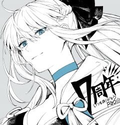  1girl absurdres black_bow blue_eyes bow braid fate/grand_order fate_(series) hair_between_eyes hair_bow half_up_braid hashtag-only_commentary highres long_hair looking_at_viewer morgan_le_fay_(fate) morgan_le_fay_(second_ascension)_(fate) ponytail ryousuke_(tukr5384) smile solo white_hair 