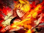  ali_baba_saluja aoshiki blonde_hair earrings fire flaming_sword hair_over_one_eye holding jewelry magi_the_labyrinth_of_magic male solo sword weapon yellow_eyes 