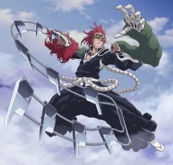  1boy abarai_renji absurdres arm_blade bandana bankai black_hakama black_kimono bleach bleach:_sennen_kessen-hen bone chest_tattoo clenched_teeth clouds collarbone extra_arms forehead_tattoo full_body fur_trim green_fur hakama highres japanese_clothes kimono looking_at_viewer midair obi ponytail red_fur red_hair sash shihakusho sideburns sky socks solo sonzhondaya souou_zabimaru_(bankai) tabi tattoo teeth waraji weapon whip_sword white_sash white_socks 