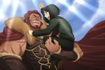  armor bangs beard cape facial_hair fate/zero fate_(series) green_eyes green_hair male multiple_boys parted_bangs red_hair redhead rider_(fate/zero) size_difference vambraces velvelumpileuspil waver_velvet 