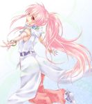  arche_klein coat earrings gloves jewelry long_hair looking_back outstretched_arms pants pink_eyes pink_gloves pink_hair ponytail shoes smile solo souko_(yue) spread_arms tales_of_(series) tales_of_phantasia white_background 