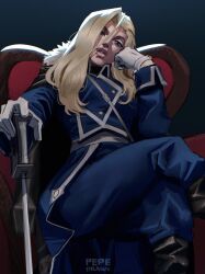  1girl amestris_military_uniform blonde_hair blue_eyes blue_pants crossed_legs fullmetal_alchemist gloves hair_over_one_eye highres lips long_hair military military_uniform olivier_mira_armstrong pants pepedraws sitting solo white_gloves 