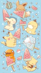  abra aqua_background commentary_request cyndaquil eevee food fruit highres holding holding_food holding_popsicle no_humans open_mouth pikachu poke_ball poke_ball_(basic) pokemon pokemon_(creature) pokemon_focus popsicle psyduck snom temariame14 trapinch watermelon 