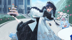  1girl absurdres apron black_dress black_hair blue_eyes building bush cake cake_slice chair cookie cup day dress eipanguino english_commentary food hair_intakes hair_ribbon hat highres holding holding_saucer holding_teapot hololive hololive_english kronie_(ouro_kronii) long_hair low_twintails maid maid_apron mansion mary_janes mob_cap official_alternate_costume official_alternate_hairstyle ouro_kronii ouro_kronii_(maid) outdoors pantyhose pocket_watch ribbon saucer shoes sitting spilling standing standing_on_one_leg strawberry_shortcake table teacup teapot textless_version tiered_tray twintails virtual_youtuber watch white_apron white_pantyhose white_ribbon 