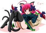  ahoge amazon_(company) animal_ears bad_id black_legwear bow box braid cat_ears cat_tail dress extra_ears fang floral_print for_adoption garter_straps green_dress hair_bow hand_in_hair highres imai_kazunari kaenbyou_rin long_hair lying multiple_tails on_back red_eyes red_hair redhead smile solo tail thigh-highs thighhighs touhou translated translation_request twin_braids twintails zettai_ryouiki 