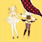  boots corset dress drill_hair dual_persona fingerless_gloves gloves hair_ornament hand_holding holding_hands magical_girl mahou_shoujo_madoka_magica mami_mogu_mogu pleated_skirt puffy_sleeves ribbon skirt smile tears tetto thigh-highs thighhighs tomoe_mami yellow_eyes 