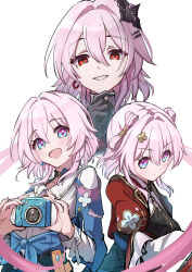  3girls absurdres black_flower black_gloves blue_eyes blue_jacket breasts camera chinese_clothes closed_mouth commentary_request evernight_(honkai:_star_rail) evil_grin evil_smile flower gloves grin hair_between_eyes hair_flower hair_intakes hair_ornament hand_on_own_chin highres holding holding_camera honkai:_star_rail honkai_(series) jacket long_hair long_sleeves looking_at_viewer march_7th_(honkai:_star_rail) march_7th_(hunt)_(honkai:_star_rail) march_7th_(preservation)_(honkai:_star_rail) medium_breasts medium_hair multicolored_eyes multiple_girls multiple_persona official_alternate_costume official_alternate_eye_color official_alternate_hairstyle open_mouth pink_eyes pink_hair pink_pupils red_eyes red_jacket shirt shuangyaji simple_background smile tokonatsu_(epfm5277) two-tone_eyes upper_body very_long_hair white_background white_shirt 