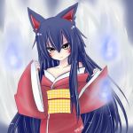  ahri animal_ears facial_mark fox_ears fox_tail japanese_clothes kimono league_of_legends looking_at_viewer neko_baby tail yellow_eyes 