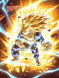  1boy armor aura blonde_hair blue_bodysuit bodysuit boots dragon_ball dragon_ball_daima electricity full_body gloves green_eyes highres long_hair male_focus muscular muscular_male no_eyebrows saiyan_armor solo spiky_hair super_saiyan super_saiyan_3 vegeta white_armor white_boots white_gloves yuyu09010316 