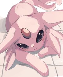  animal_focus blush closed_mouth colored_sclera espeon floameya floor forehead_jewel forked_tail full_body gem highres looking_at_viewer lying no_humans on_floor on_stomach pokemon pokemon_(creature) pokemon_focus purple_fur purple_sclera red_gemstone simple_background tail violet_eyes 