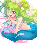  1girl blush breasts clam cleavage green_hair hair_ornament jewelry licoly long_hair mermaid monster_girl muromi-san namiuchigiwa_no_muromi-san navel necklace open_mouth pearl red_eyes seashell shell solo twintails underwater v very_long_hair wink 