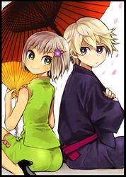  blonde_hair chinese_clothes earrings flower green_eyes hair_flower hair_ornament hairclip high_heels huang_baoling ivan_karelin japanese_clothes jewelry mago multiple_girls parasol purple_eyes shoes short_hair tiger_&amp;_bunny umbrella violet_eyes 