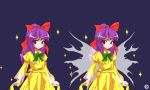  alphes_(style) ascot bow dress hair_bow kaoru_(gensou_yuugen-an) long_hair looking_at_viewer parody ponytail purple_eyes purple_hair rengeteki simple_background smile solo style_parody touhou touhou_(pc-98) veins violet_eyes wings yellow_dress 