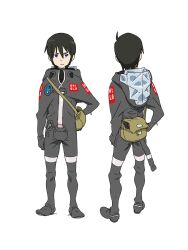  2boys ahoge anime_coloring back bag black_hair blue_eyes brown_bag chikyuugai_shounen_shoujo child closed_mouth from_behind frown full_body grey_jumpsuit hair_between_eyes hand_on_own_hip highres jumpsuit looking_at_viewer multiple_boys multiple_views official_art sagami_touya short_hair shoulder_bag simple_background spacesuit standing transparent_background yoshida_ken&#039;ichi 