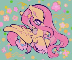  animal animal_focus fluttershy green_background green_eyes hashtag-only_commentary highres hooves horse long_hair looking_at_viewer my_little_pony my_little_pony:_friendship_is_magic no_humans pegasus pink_hair pony_(animal) simple_background smile solo very_long_hair wings yanyannonoz 