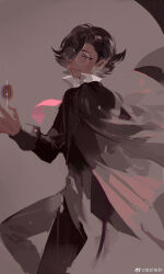  1boy black_jacket black_pants brown_background brown_cape brown_eyes brown_hair brown_theme cape chinese_commentary closed_mouth coffee_beans cookie_run cookie_run:_kingdom cowboy_shot dark-skinned_male dark_skin espresso_cookie flipped_hair floating_cape from_behind glasses hair_over_one_eye highres humanization jacket long_sleeves looking_at_object looking_to_the_side male_focus necktie nevakuma_(fanfanas) object_floating_above_hand one_eye_covered pants pink_necktie popped_collar round_eyewear shirt short_hair simple_background smile solo watermark weibo_watermark white_shirt 