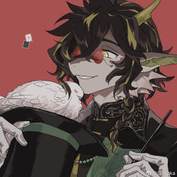  1boy ace_(playing_card) ace_of_hearts arknights bird black_hair black_hat card chinese_clothes dove dragon_boy furry furry_male grin hat heart lee_(arknights) magician male_focus playing_card pointy_ears red-tinted_eyewear red_background rimless_eyewear round_eyewear simple_background sirakaro smile solo tinted_eyewear top_hat wand white_bird yellow_eyes 