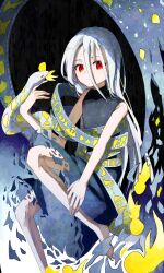 1girl absurdres barefoot black_background black_dress closed_mouth dress flat_chest grey_hair hair_between_eyes hand_up highres kimura8556spsk long_hair long_hair_between_eyes looking_at_viewer play_button red_eyes simple_background snake solo touhou white_background yuiman_asama 