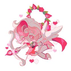  1boy :d angel_wings arrow_(projectile) bare_arms bare_shoulders bow_(weapon) colored_eyelashes commentary cookie_run cookie_run:_kingdom crossdressing crossdressing_(mtf) cupid double-parted_bangs dress feathered_wings food fruit full_body hair_between_eyes halo heart holding holding_arrow holding_bow_(weapon) holding_weapon humanization leaf looking_ahead male_focus multicolored_hair open_mouth pavlova_cookie pink_hair red_dress red_eyes reed shoes short_hair simple_background sleeveless sleeveless_dress smile solo strawberry strawberry_slice streaked_hair symbol-only_commentary trap weapon white_background white_eyelashes white_hair white_shoes wings 