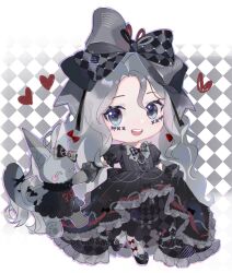 1girl absurdres argyle_background argyle_bow argyle_clothes argyle_dress black_background black_bow black_bowtie black_dress black_hair black_ribbon black_shoes black_wrist_cuffs blue_eyes border bow bow_legwear bowtie chibi crimson_rhapsody_(infinity_nikki) dress esseling_(infinity_nikki) eyelashes facepaint felispirit_sack_(infinity_nikki) footwear_bow frilled_dress frilled_wrist_cuffs frills gown grey_bow grey_pantyhose grey_ribbon hair_between_eyes hair_bow hair_ribbon happy heart highres hime_lolita holding_hands infinity_nikki large_bow light_blush lolita_fashion long_hair looking_at_creature multicolored_ribbon multiple_hair_bows nikki_(series) official_alternate_color open_mouth outside_border pantyhose puffy_short_sleeves puffy_sleeves red_bow red_ribbon ribbon shoes short_sleeves skirt_hold smile solo teeth two-tone_background two-tone_bow two-tone_bowtie upper_teeth_only very_long_hair wavy_hair white_background white_border white_pantyhose wrist_cuffs yutoutoutoutoutou 