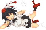 and black_hair black_legwear bow camera clenched_teeth fallen_down geta hat red_eyes shameimaru_aya short_hair simple_background skirt solo touhou white_background wince wink 