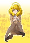  blonde_hair blush bow brown_eyes brown_legwear female formal gradient gradient_background hairband high_heels highres kise_yayoi legs looking_at_viewer mahkn office_lady pantyhose peke_(pixiv1607147) precure shoe_soles shoes sitting skirt skirt_suit smile_precure! solo suit yellow_background 
