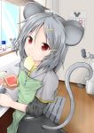  animal_ears apron bread calendar cheese ebi_senbei food grey_hair hair_ornament hairpin jewelry mice mouse mouse_ears mouse_tail mouth_hold nazrin pendant red_eyes short_hair silver_hair skirt skirt_set smile solo tail touhou 