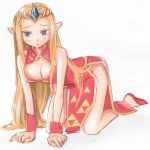  all_fours bare_legs blonde_hair blue_eyes blush breasts china_dress chinese_clothes cleavage cleavage_cutout cuffs female gem large_breasts long_hair nintendo no_panties ocarina_of_time pointy_ears princess_zelda sagawa_yumeko solo the_legend_of_zelda tiara white_background 