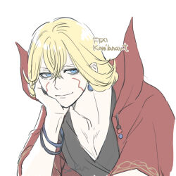  1boy artist_name blonde_hair blue_eyes bracelet character_name copyright_name double-parted_bangs facial_mark final_fantasy final_fantasy_xi hair_between_eyes hand_on_own_chin head_rest highres jewelry kam'lanaut looking_to_the_side male_focus saku_ff11 simple_background sketch smile solo upper_body white_background 