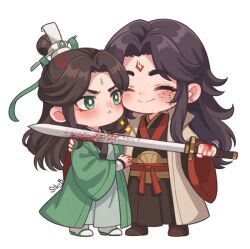  2boys :< anger_vein arm_around_shoulder black_hair black_hanfu blood blood_on_face blood_on_hands blood_on_weapon blush chibi chibi_only chinese_clothes closed_eyes curtained_hair eyeshadow fluffy_hair furrowed_brow green_eyes green_eyeshadow green_ribbon green_robe hair_bun half_updo hand_on_another's_shoulder hand_up hanfu holding holding_sword holding_weapon long_hair long_sleeves looking_at_another luo_binghe makeup male_focus motion_lines multiple_boys parted_bangs renzha_fanpai_zijiu_xitong ribbon ribboned_xiao_guan robe shen_qingqiu sidelocks siliceb simple_background single_hair_bun smile standing sword v-shaped_eyebrows weapon white_background white_hanfu wide_sleeves zuiyin 