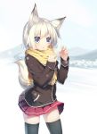  animal_ears black_legwear blue_eyes coat copyright_request fingernails fox_ears fox_tail hamster nekomu open_mouth pleated_skirt scarf short_hair skirt snow snowing solo tail thigh-highs thighhighs white_hair zettai_ryouiki 