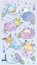  blue_background brooch budew closed_mouth commentary_request eevee flower flower_brooch goomy highres jewelry mudkip musical_note no_humans open_mouth pikachu pokemon pokemon_(creature) pokemon_focus quagsire simple_background smile snom temariame14 twitter_username wooper 