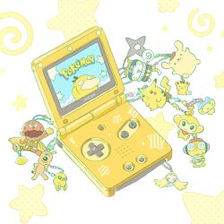  adventure_time character_charm character_request charm_(object) commentary copyright_name copyright_request english_text fat_pikachu food food_charm fruit game_boy game_boy_advance_sp handheld_game_console highres jake_the_dog keroro_gunsou kururu_(keroro_gunsou) lemon mametchi pikachu pokemon pokemon_(creature) pompompurin psyduck sanrio scone_(sanrio) shuriken star_(symbol) summernight_12 symbol-only_commentary tamagotchi weapon white_background yellow_theme 