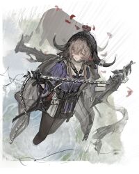  1girl absurdres animal_ears arknights black_gloves black_pantyhose brown_hair chain_weapon commentary_request cow_ears cow_girl cow_horns detached_hood flower flower_on_head gloves green_eyes hair_between_eyes highres holding holding_weapon horns kotowaza looking_at_viewer pallas_(arknights) pantyhose partially_submerged petals purple_shirt rain red_flower red_rose rose rose_petals shirt short_hair_with_long_locks skirt solo water weapon 