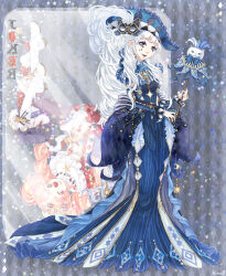  2girls argyle_background argyle_clothes argyle_dress aria_of_night_(miracle_nikki) back_bow black_background black_lips blue_bow blue_bowtie blue_brooch blue_collar blue_dress blue_hat blue_mask bow bowtie brooch card cat_mask closed_mouth collar commentary_request diamond_cutout diamond_print dress facepaint facial_tattoo frilled_collar frilled_headwear frilled_sleeves frills full_body grey_eyes happy hat highres hino_(8) holding holding_wand jewelry joker_(playing_card) joker_and_magic_card_(miracle_nikki) light_particles lipstick long_dress long_hair long_sidelocks long_sleeves looking_at_viewer makeup mask mask_on_head miracle_nikki multiple_girls nikki_(series) one_side_up playing_card sidelocks smile solo_focus standing striped_bow striped_clothes striped_dress tattoo teardrop_tattoo two-tone_bow two-tone_collar upside-down vertical-striped_clothes vertical-striped_collar vertical-striped_dress very_long_hair wand wavy_hair white_bow white_collar white_hair 