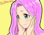  aqua_eyes blush character_name face fluttershy hands_on_own_face my_little_pony my_little_pony_friendship_is_magic oekaki personification pink_hair shy takaku yellow_background 