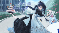  1girl absurdres anniversary apron black_dress black_hair blue_eyes building bush cake cake_slice chair cookie cup day dress eipanguino english_commentary food hair_intakes hair_ribbon hat highres holding holding_saucer holding_teapot hololive hololive_english kronie_(ouro_kronii) long_hair low_twintails maid maid_apron mansion mary_janes mob_cap official_alternate_costume official_alternate_hairstyle ouro_kronii ouro_kronii_(maid) outdoors pantyhose pocket_watch ribbon saucer shoes sitting spilling standing standing_on_one_leg strawberry_shortcake table teacup teapot tiered_tray twintails virtual_youtuber watch white_apron white_pantyhose white_ribbon 