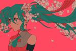  1girl aqua_eyes aqua_hair bare_shoulders face flower harara hatsune_miku necktie solo twintails vocaloid 