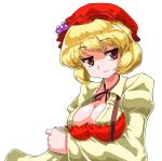  aki_minoriko alphes_(style) blonde_hair bow breasts brown_eyes bust cleavage food fruit grapes hat large_breasts mono_(moiky) neck_ribbon parody ribbon short_hair simple_background smile solo style_parody touhou transparent_background white_background 
