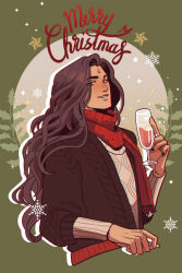  1boy alcohol alternate_costume black_nails brown_cardigan brown_hair cable_knit cardigan casual contemporary cropped_torso cup curled_fingers curtained_hair drinking_glass drop_shadow english_text facial_mark green_background highres holding holding_cup holly long_hair long_sleeves looking_at_viewer luo_binghe male_focus merry_christmas parted_lips red_eyes red_scarf renzha_fanpai_zijiu_xitong scarf siliceb smile snowflakes solo sparkle star_(symbol) sweater tan very_long_hair wavy_hair white_sweater wine wine_glass zuiyin 